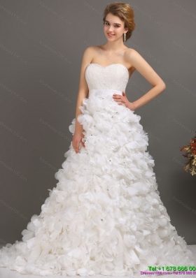 Luxurious White Sweep Train Ruffled Wedding Dresses with Beading