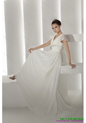 2015 Top Selling Brush Train White Wedding Dresses with Ruching and Beading