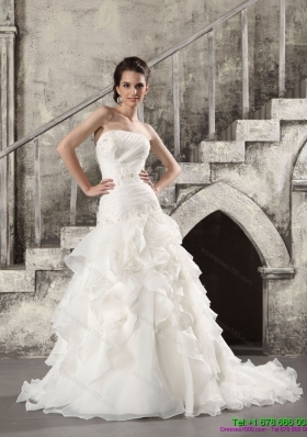 2015 Top Selling White Strapless Wedding Dresses with Brush Train and Ruffles
