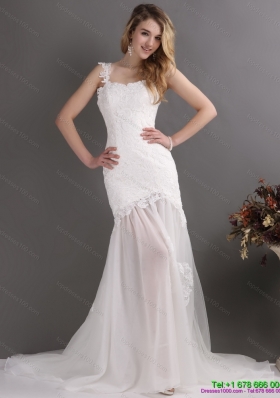 Laced White One Shoulder Mermaid Wedding Gowns with Chapel Train