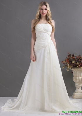 Maternity White Strapless Ruching Bridal Gowns with Brush Train