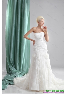 Pleated Sequined White Mermaid Wedding Dresses with Chapel Train