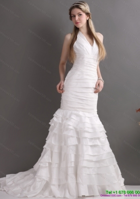 Unique White Halter Top Mermaid Bridal Gowns with Ruffled Layers and Ruching