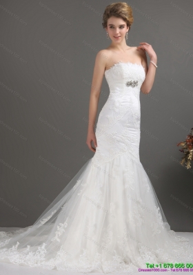 White Strapless Lace Mermaid Wedding Dresses with Beading and Brush Train