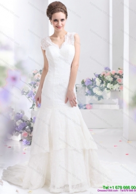 2015 Gorgeous Lace White Mermaid Wedding Dresses with Brush Train