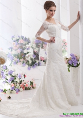 White V Neck Lace Mermaid Wedding Dresses with  Brush Train and Half Sleeves
