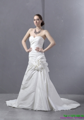 2015 Ruffled Sweetheart Ruched White Wedding Dresses with Brush Train