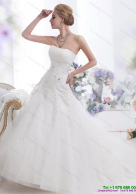2015 White Strapless Wedding Dresses with Sequins and Brush Train