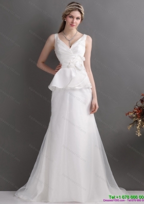 2015 Ruching White V Neck Ruffled 2015 Wedding Dresses with Brush Train