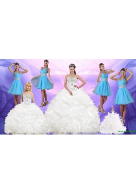 Ruffles and Beading White Quinceanera Dress and Baby Blue V Neck Dama Dresses and White Pageant Dresses for Little Girls