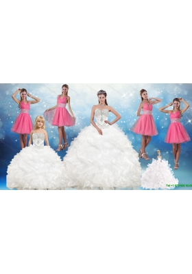 White Sweetheart Ruffles Quinceanera Dress and Sequins V Neck Pink Dama Dresses and Beading White Little Girl Dress