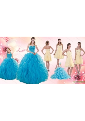 Teal Sweetheart Ruffles Quinceanera Gown and Sweetheart Short Dama Dresses and Teal Halter Top Flower Girl Dress