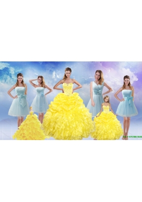 Yellow Sweetheart Rufflers Beading Quinceanera Dress and Bownot Short Prom Dresses and Yellow Spaghetti Straps Beading Pageant Dresses for Little Girl