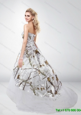 Fashionable Strapless Camo Wedding Dresses with Brush Train