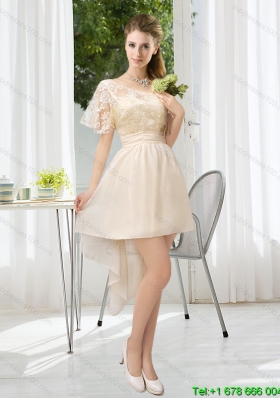 Luxurious Lace High Low Short Sleeves Dama Dress with One Shoulder