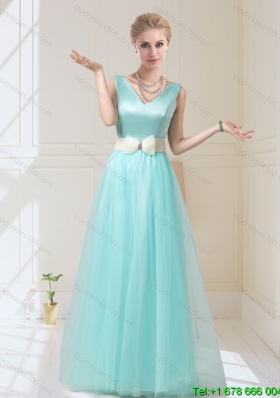 Delicate V Neck Floor Length Prom Dresses with Bowknot for 2015