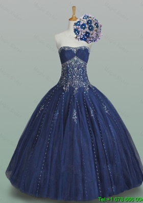Elegant Ball Gown Strapless Beaded Quinceanera Dresses in Navy Blue