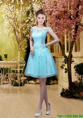 2016 Luxurious A Line Belt and Appliques Dama Dresses with Cap Sleeves