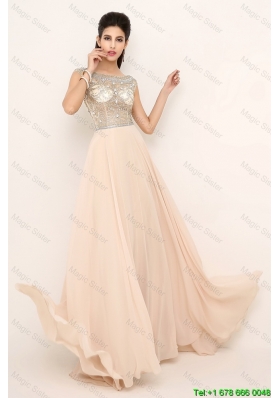 2016 Beautiful Beaded Bateau Prom Dresses with Brush Train