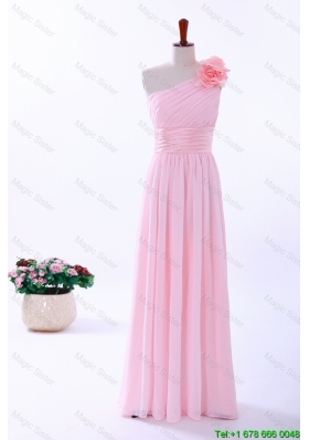Custom Made Empire One Shoulder Hand Made Flowers Prom Dresses in Baby Pink
