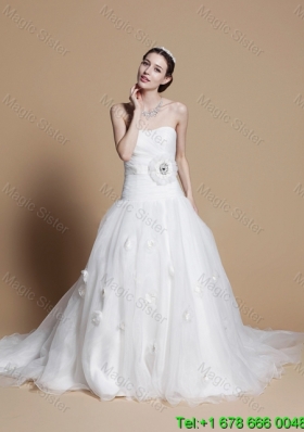 2016 Romantic A Line Strapless Wedding Dresses with Hand Made Flowers