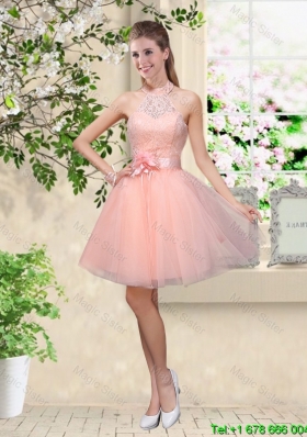 Artistic Halter Top Appliques and Laced Dama Dresses in Baby Pink