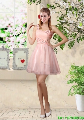 Affordable A Line One Shoulder Appliques Prom Dresses in Pink