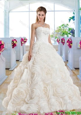 Gorgeous A Line Strapless Brush Train Wedding Dresses with Lace