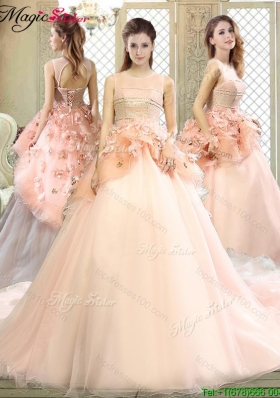 Beautiful Scoop Court Train Quinceanera Dresses with Hand Made Flowers