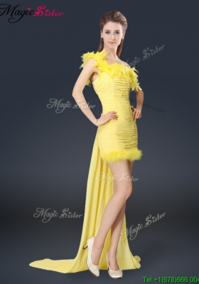 Sweet One Shoulder Watteau Train Prom Dresses in Yellow