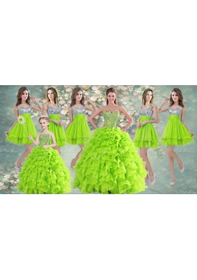 Visible Boning Yellow Green Quinceanera Gown and Sequined Short  Dama Dresses and Beaded and Ruffled Mini Quinceanera Dress