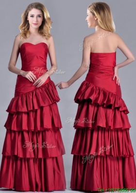 Modest Taffeta A Line Wine Red Prom Dress with Ruffled Layers