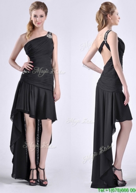 Romantic High Low One Shoulder Black Prom Dress with Criss Cross