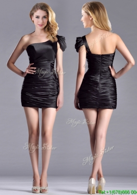 Sexy Column Ruched One Shoulder Black Prom Dress in Taffeta