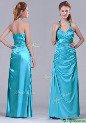 2016 Column Halter Top Elastic Woven Satin Aqua Blue Christmas Party Dress with Ruching