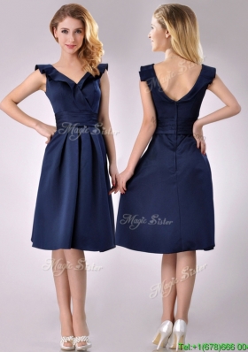 Beautiful V Neck Navy Blue Empire Christmas Party Dress with Cap Sleeves