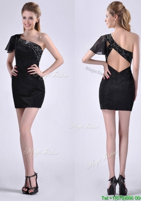 Best One Shoulder Black Christmas Party  Dress with Beaded Decorated Criss Cross