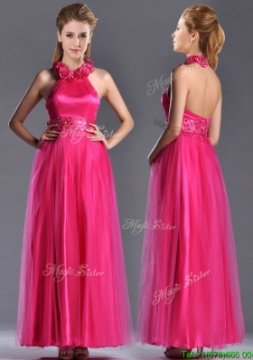 Exclusive Hot Pink Prom Dress with Handcrafted Flowers Decorated Halter Top