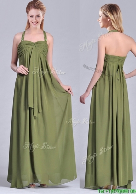 Latest Beaded Decorated Halter Top Prom Dress in Olive Green