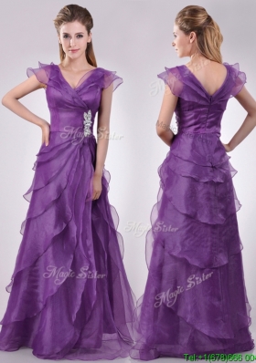 Low Price V Neck Eggplant Purple Prom Dress with Beading and Ruffles