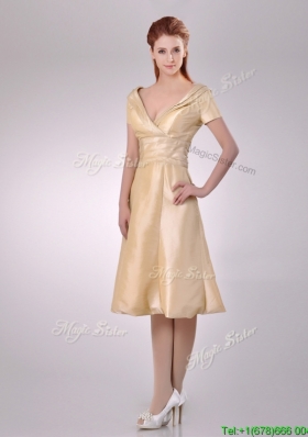 Hot Sale V Neck Champagne Tea Length Prom Dress with Short Sleeves