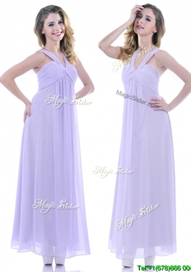 Cheap Ruched Decorated Bust Ankle Length Dama Dress in Lavender