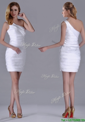 Column One Shoulder Ruched White Short Dama Dress for Homecoming