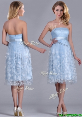 Gorgeous Empire Tea Length Applique Tulle Dama Dress in Light Blue