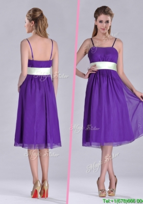 Romantic Spaghetti Straps Belted Eggplant Purple Dama Dress in Tea Length