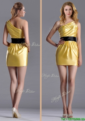 Exclusive One Shoulder Ruched and Belted Dama Dress with Side Zipper