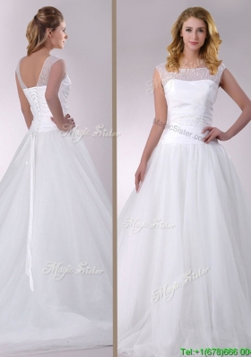 Wonderful A Line Scoop Court Train Tulle Wedding Dress with Beading