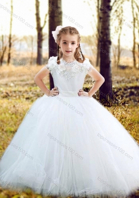 New Arrival Fashionable Scoop Really Puffy Flower Girl Dress with Hand Made Flowers and Appliques