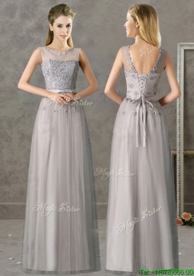2016 Cheap See Through Scoop Grey Long Bridesmaid Dresses with Appliques