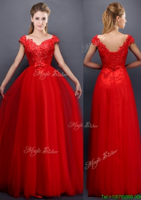 2016 Classical Beaded V Neck Red Bridesmaid Dress with Cap Sleeves
